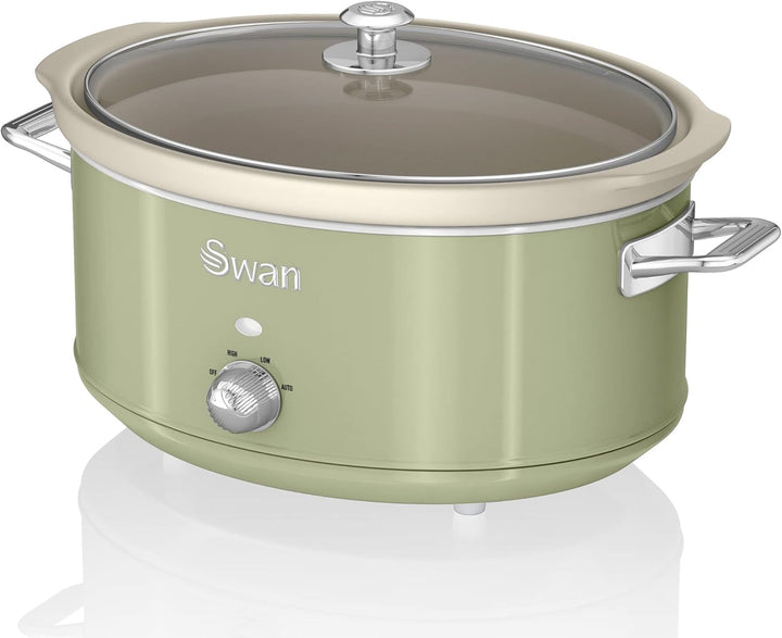 Swan Retro SF17031YELNEU Slow Cooker 6,5L Abnehmbarer Kochbehälter, PFOA- Und Ptfe-Freier Keramischer Antihaft-Behälter, 3 Temperaturstufen, Glasdeckel, Vintage-Design, Gelb, 320W