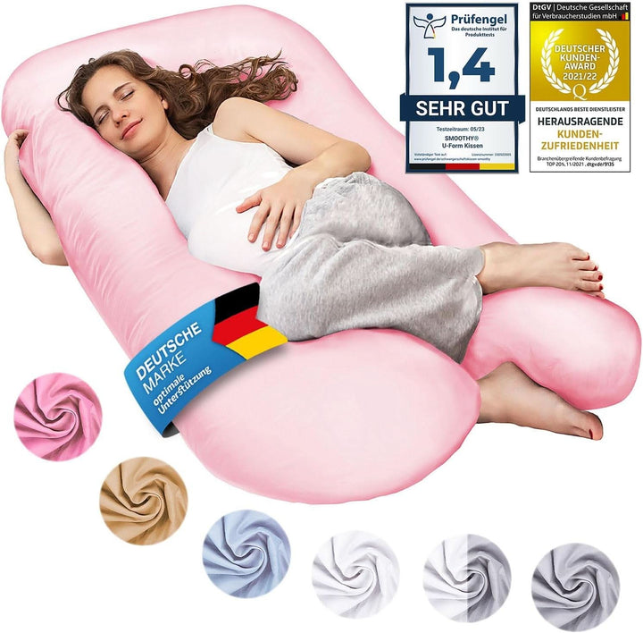 SMOOTHY XXL Schwangerschaftskissen Seitenschläferkissen, Lagerungskissen, Baby-Kissen & Stillkissen in U-Form Mit Abnehmbarem & Waschbarem Bezug Aus 100% Baumwolle (Classic XXL, 150 X 80 Cm, Pink)