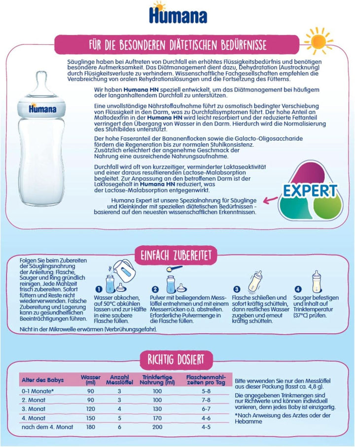Humana HN Expert, Von Geburt An, Spezialnahrung Bei Häufigem Oder Langanhaltendem Durchfall, Unterstützt Die Normalisierung Des Stuhlbildes, Mit Banane, 300 G