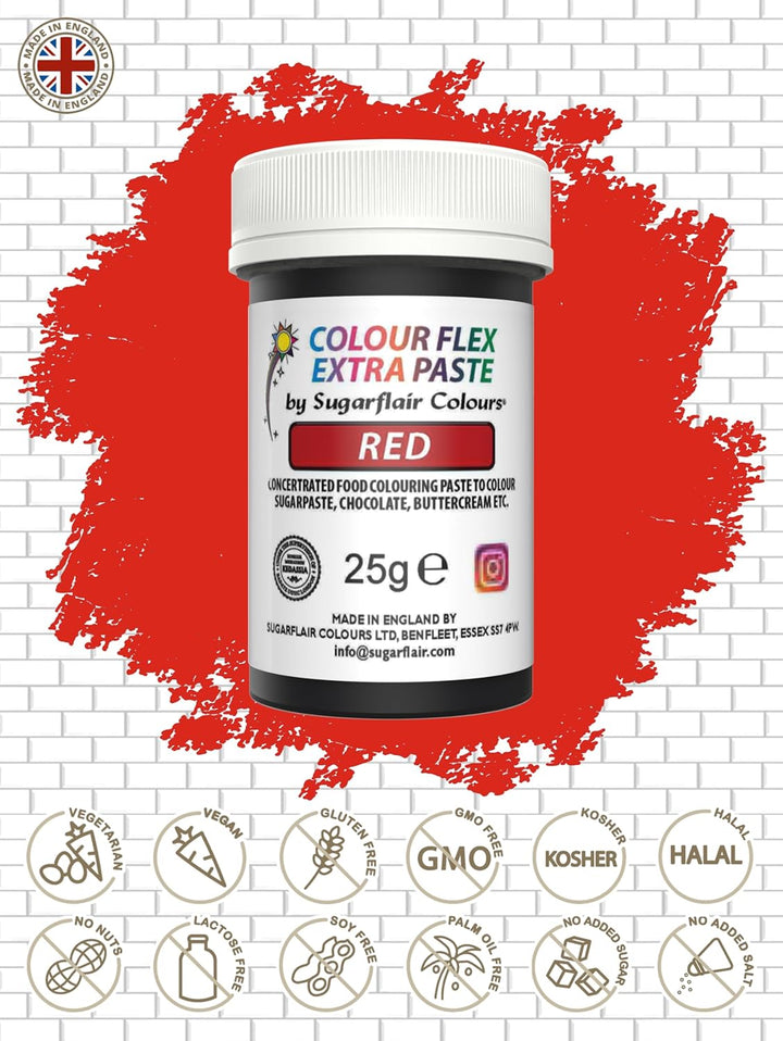 Sugarflair Colourflex Extra Paste Lebensmittelfarbe Paste Red - Essbare Lebensmittel Farbe Für Buttercreme, Schokolade, Zuckerpaste, Zuckerguss, Fondant, Kuchenmischungen, Teig Und Mehr - 25G