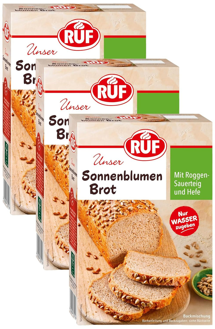 RUF Sonnenblumen Brot, Nur Wasser Hinzufügen, Brotbackmischung Mit Sonnenblumenkernen, Brotteigmischung Mit Roggen-Sauerteig Und Hefe Für Sonnenblumenkernbrot, 1 X 410G