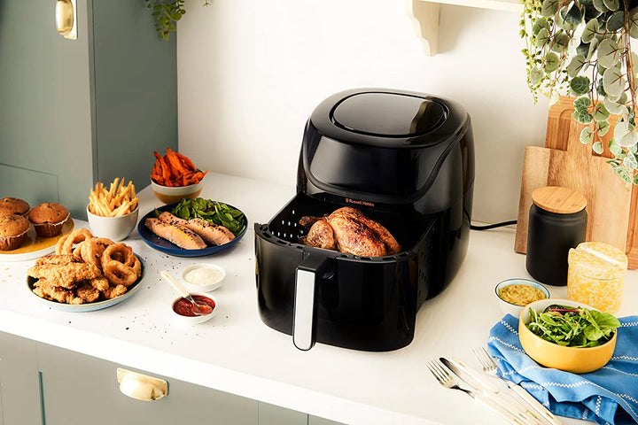 Russell Hobbs Heißluftfritteuse L 4L Rapid Airfryer [Sehr Kleines Gehäuse/7 Kochfunktionen/10 Programme] Satisfry (Spülmaschinenfest, Max 220°C, Fritteuse Ohne Öl, Grillen,Backen,Braten Etc) 27160-56