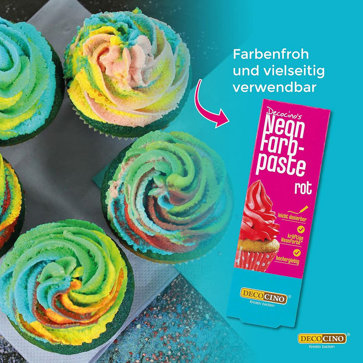 Decocino Neon Lebensmittelpaste Rot – Hochdosierte Lebensmittel-Farbe – Zum Einfärben Von Kuchen, Torten, Muffins, Cupcakes – Geschmacksneutral