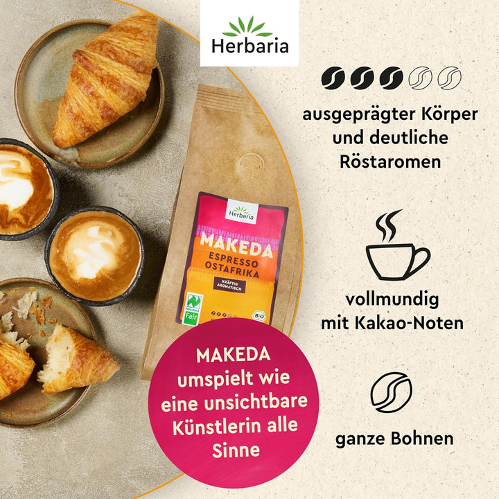 Herbaria MAKEDA Bio Espresso Ganze Bohnen 1Kg – Naturland Fair Zertifiziert Aus Ostafrika – Röstaromen Mit Kakao- & Eichenholz-Noten – Bio Kaffeebohnen Perfekt Für Siebträger Und Kaffeevollautomaten