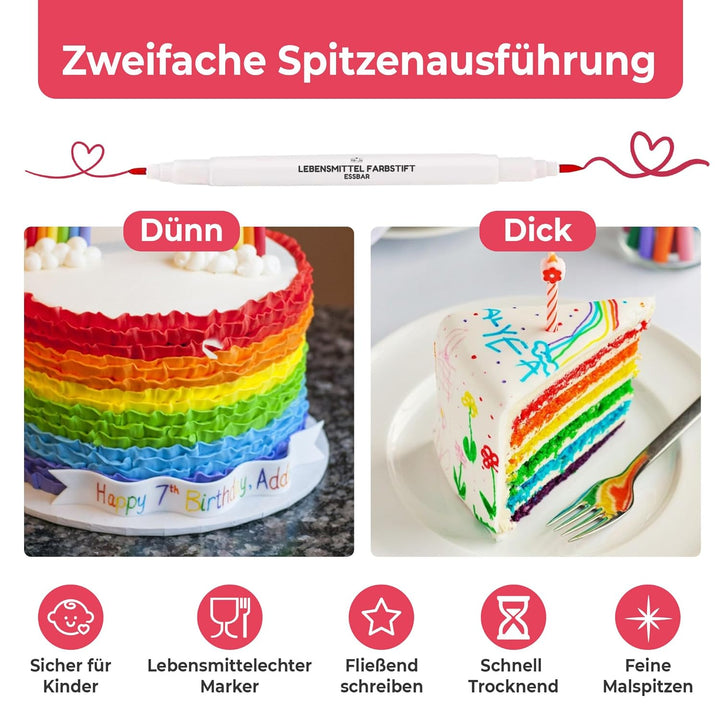 He-Ju Lebensmittelstifte Essbar 10Er Set Ohne E171, Vegan, Glutenfrei, Lebensmittel Stifte Set in 10 Regenbogenfarben Mit 2 Spitzen Zum Malen Und Schreiben Auf Torten & Co.