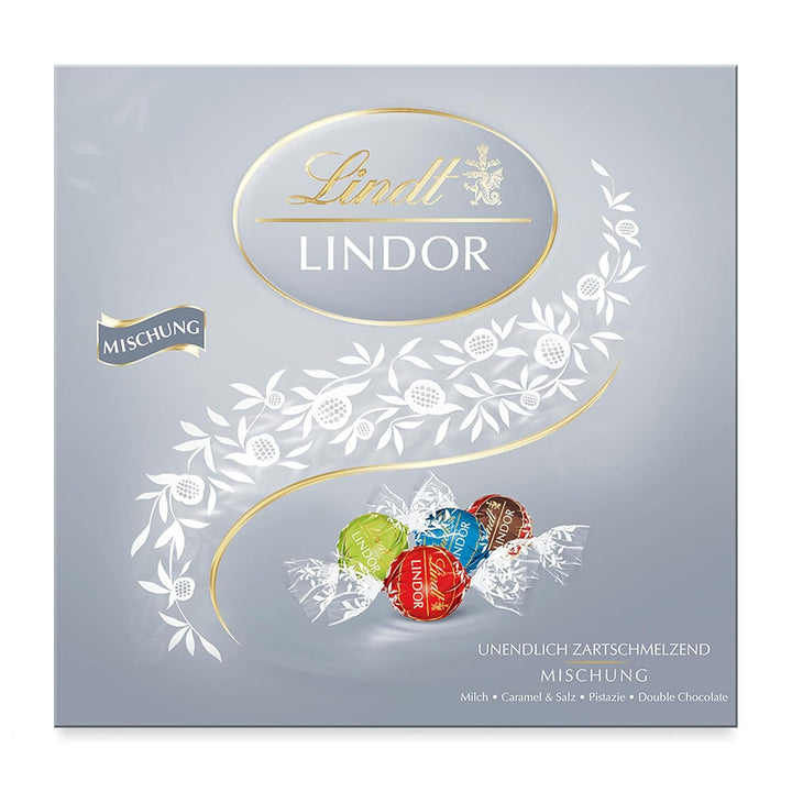 Lindt Schokolade LINDOR Mischung Silber | Ca. 26 Kugeln Mit Zartschmelzender Füllung in Den Sorten Milch, Caramel & Salz, Pistazie, Double Chocolate | Pralinen Geschenk | Schokoladengeschenk, 325G