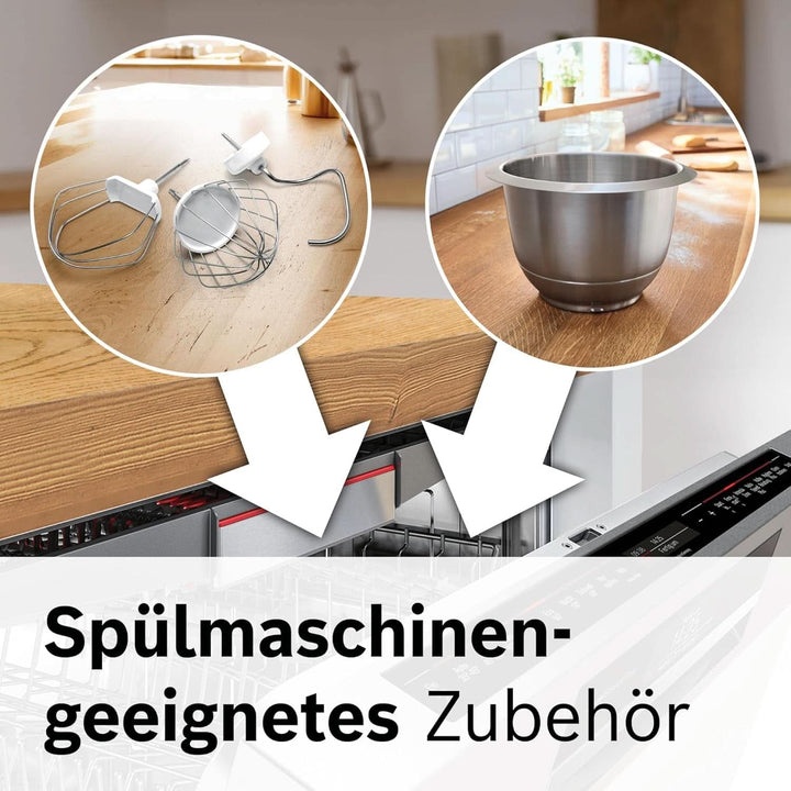 Bosch Küchenmaschine Serie 4 MUM56340, Schüssel 3,9 L, Mixer 1,25 L, Fleischwolf, Zitruspresse, Planetenrührwerk, Knethaken, Schlag-, Rührbesen, Durchlaufschnitzler, 3 Scheiben, 900 W, Silber/Grau