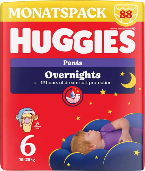 Huggies Overnight Pants Größe 6 (15-25 Kg), Windeln-Monatsbox, 88 Stück (4X22), Windelhöschen Für Die Nacht