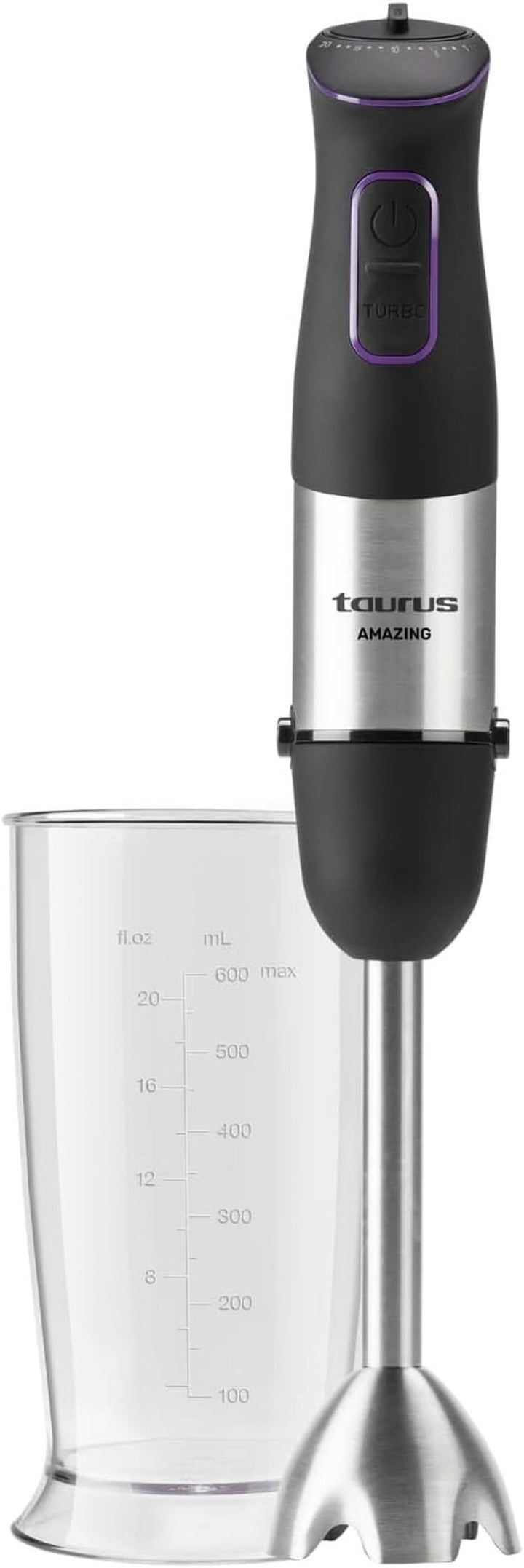 Taurus Stabmixer 1000W | 20 Geschwindigkeitsstufen | Turbo-Funktion | 4 Edelstahlklingen | Ergonomisches Soft-Touch-Design | Spritzschutz | Zubehör | Edelstahl | Elektrisch |Kunststoff, Silber/Schwarz