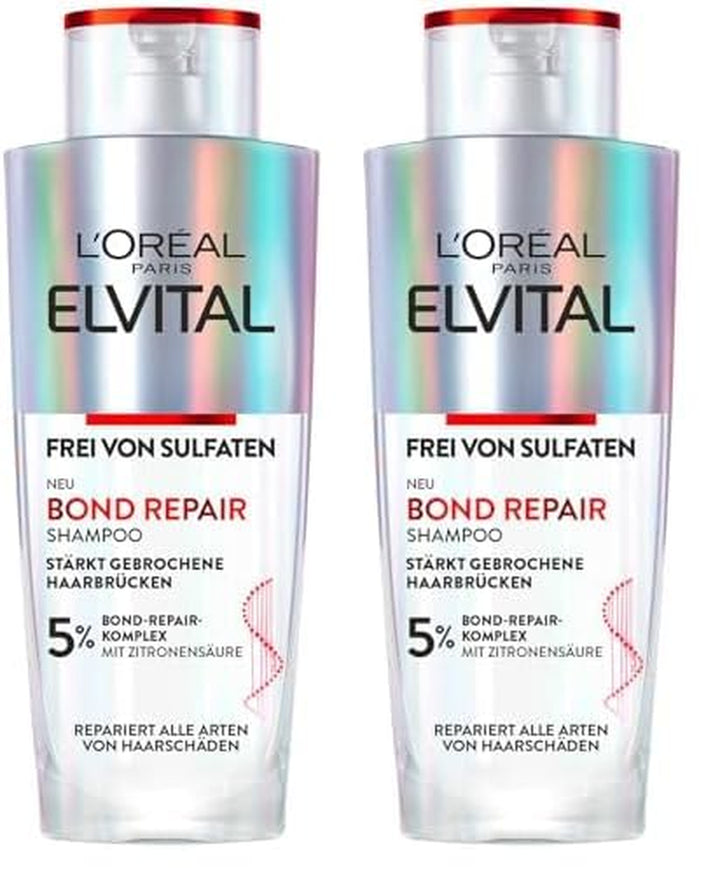 L'Oréal Paris Elvital Bond Repair Shampoo, Sanfte Reinigung Zur Haarreparatur, Gegen Haarschäden, Für Weniger Haarbruch Und Mehr Glanz, Sulfatfrei, Mit Bond-Repair-Komplex Und Zitronensäure, 200Ml