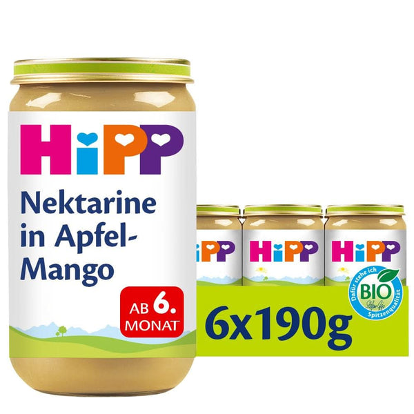 Hipp For Little Gourmets, Nectarine în mere și mango, fără zahăr adăugat, 6 X 190 grame