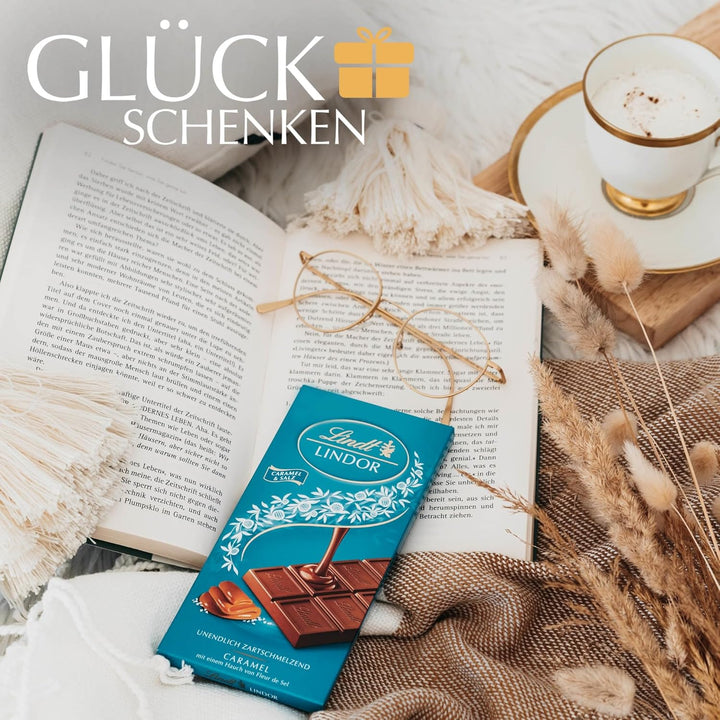 Lindt Schokolade LINDOR Caramel & Salz | 100G Tafel | Vollmilch-Schokolade Mit Einem Hauch Fleur De Sel Und Unendlich Zartschmelzender Karamell-Füllung | Schokoladentafel | 75 Jahre