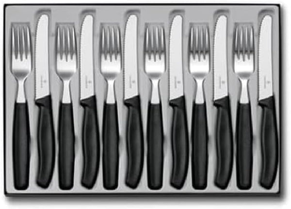 Victorinox Swiss Classic, Profi Tafelbesteck, 12-Teilig, Extra Scharfe Klinge, Wellenschliff, 11 Cm, Rostfreier Stahl, Schwarz