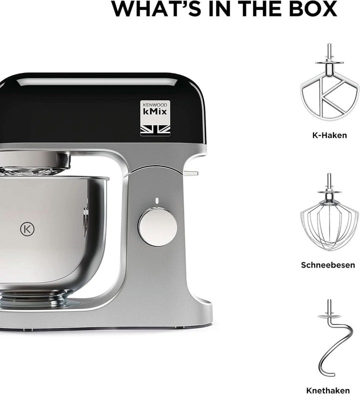 Kenwood Kmix KMX750BK Küchenmaschine, 5 L Edelstahl Schüssel, Safe-Use-Sicherheitssystem, Metallgehäuse, 1000 Watt, Inkl. 3-Teiligem Patisserie-Set Und Spritzschutz, Schwarz, 240X385X355