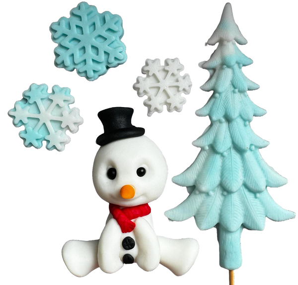 Set of 5 edible decorations from sugar paste, snowman, snowflakes and fir