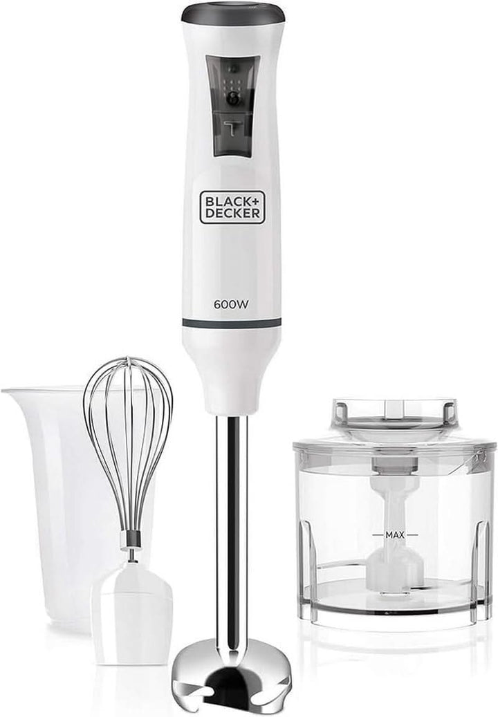 BLACK+DECKER Stabmixer | BXHBA1500E | 1500 Watt | 20 Geschwindigkeiten | Turbo | Edelstahl | Spritzschutz | Inklusive Pürieraufsatz, Schneebesen, Zerkleinerer Und Messbecher