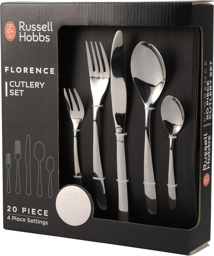 Russell Hobbs RH02264EU7 Florence Besteckset 4 Personen, 20 Stück Besteck, Messer, Gabel, Konditorgabel, Dessertlöffel, Teelöffel, Spülmaschinenfestes Besteck Aus Edelstahl 18/0, 25 Jahren Garantie