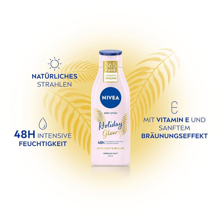 NIVEA Holiday Glow, Loțiune de corp pentru hidratare 48H și o strălucire naturală a pielii, cremă hidratantă cu vitamina E și efect de bronzare delicat, 200 ml