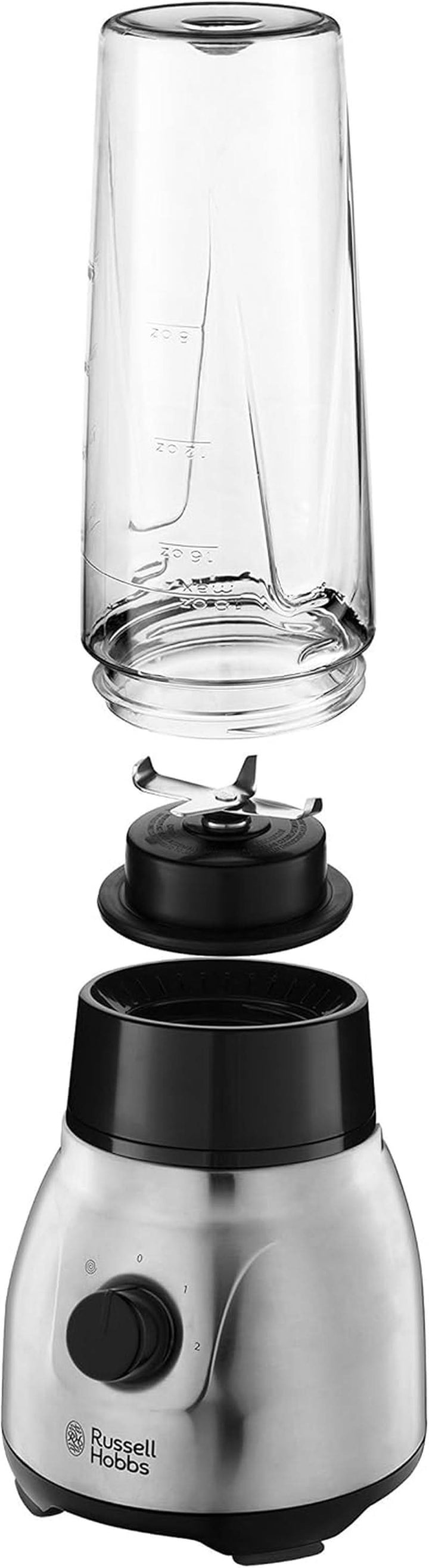 Russell Hobbs Standmixer 2-In-1 [1,5L Glasbehälter Mixer & 0,6L Mini Smoothie Maker -To-Go-Trinkflasche Inkl. Deckel] Spülmaschinenfest, Impuls-/Ice-Crush Funktion, Becher BPA Frei, Edelstahl 23821-56