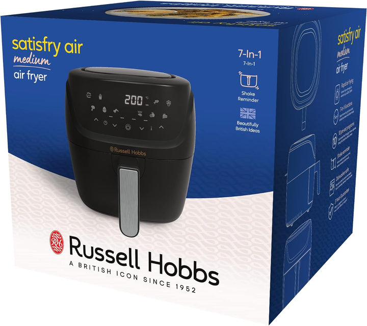 Russell Hobbs Heißluftfritteuse L 4L Rapid Airfryer [Sehr Kleines Gehäuse/7 Kochfunktionen/10 Programme] Satisfry (Spülmaschinenfest, Max 220°C, Fritteuse Ohne Öl, Grillen,Backen,Braten Etc) 27160-56