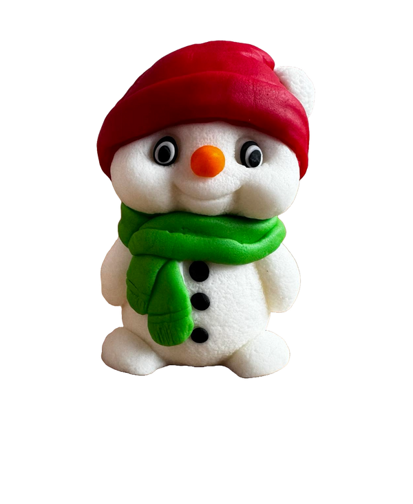 Edible decoration of sugar paste, snowman with green scarf