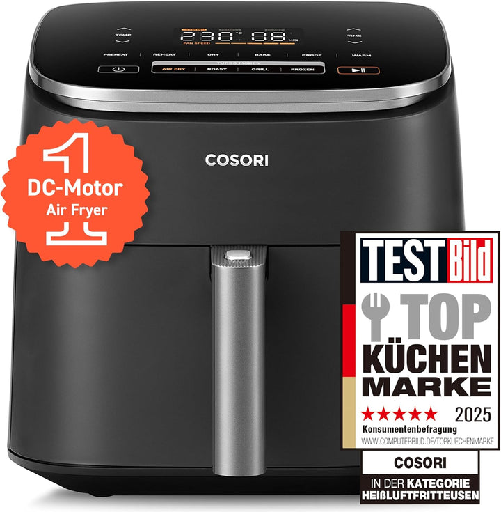 Cosori Turboblaze Heißluftfritteuse Airfryer, 9-In-1 Air Fryer XXL 6L, Leiser DC Motor Mit 5 Geschwindigkeitsstufen, Grillen, Backen, Gären, Dehydrieren, Tiefkühlen, 87 Rezepte, 64% Energiesparend