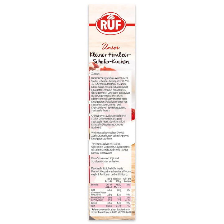 RUF Kleiner Himbeer-Schokokuchen, Mini-Kuchen Mit Feiner Puddingcreme, Himbeeren Und Weißen Schokoraspeln, Inkl. Backform, 1X252G