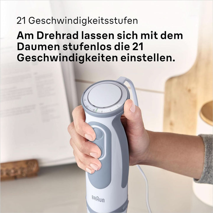 Braun Stabmixer MQ 5200WH - Multiquick 5 Vario Pürierstab Mit Edelstahl Mixfuß, 1000 Watt, Inkl. 600 Ml Mix- & Messbecher, Weiß/Grau