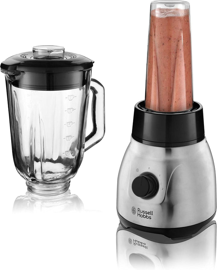 Russell Hobbs Standmixer 2-In-1 [1,5L Glasbehälter Mixer & 0,6L Mini Smoothie Maker -To-Go-Trinkflasche Inkl. Deckel] Spülmaschinenfest, Impuls-/Ice-Crush Funktion, Becher BPA Frei, Edelstahl 23821-56