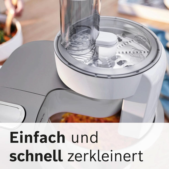 Bosch Küchenmaschine Serie 4 MUM56340, Schüssel 3,9 L, Mixer 1,25 L, Fleischwolf, Zitruspresse, Planetenrührwerk, Knethaken, Schlag-, Rührbesen, Durchlaufschnitzler, 3 Scheiben, 900 W, Silber/Grau