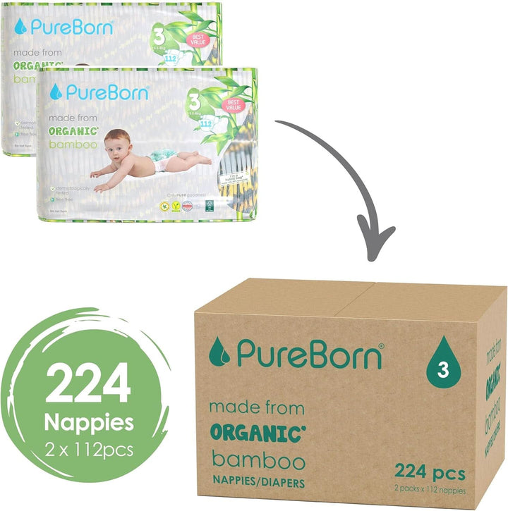 Pureborn Eco Bio-Bambus Windeln, Größe 3 (5,5-8 Kg), 224 Stück (2 X 112), Umweltfreundlich, Hypoallergen, Ultraweich, Mit Nässeindikator, Diverser Aufdruck