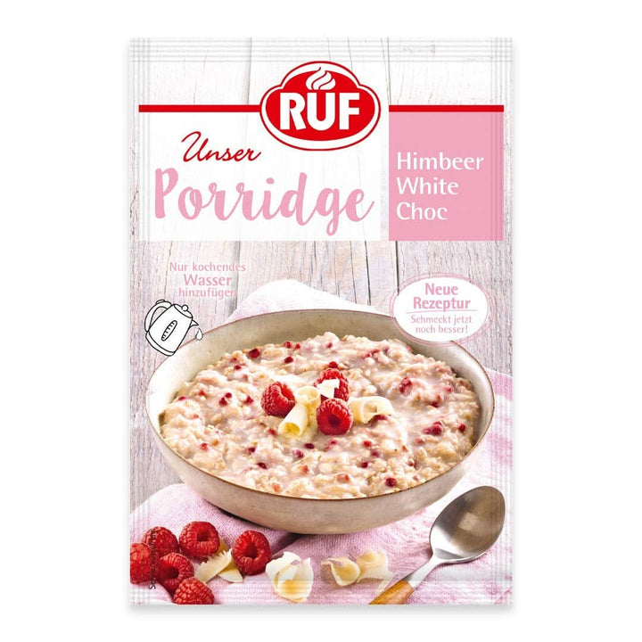 RUF Porridge Raspberry White Choc, Porridge instant cu bucăți de zmeură și ciocolată albă rasă, 65 de grame