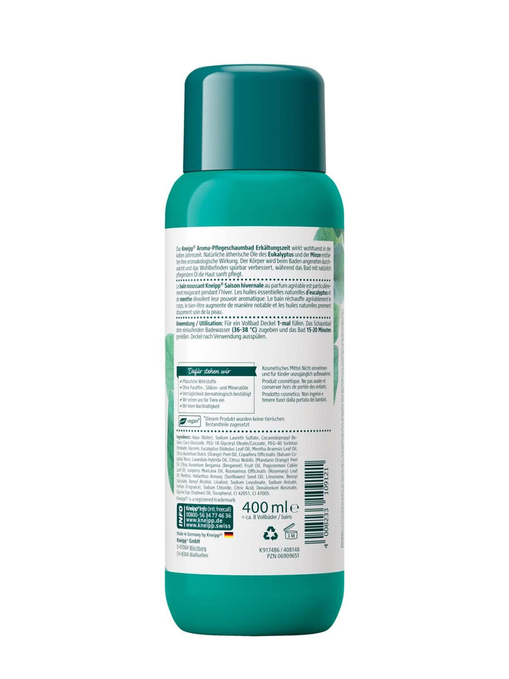 Kneipp Aroma Foam Bath Cold Season, aditiv de baie cu uleiuri esențiale naturale de eucalipt și mentă, 400 ml