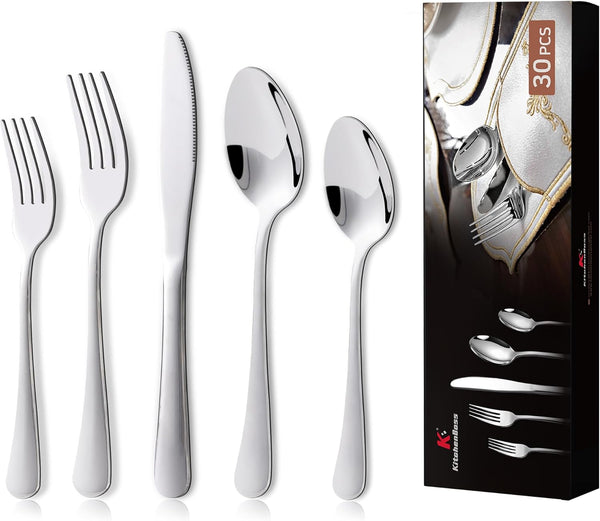 Kitchenboss Besteck Set 6 Personen: Besteckset 30 Teilig, Cutlery Set, Edelstahl Besteck, Essbesteck, Spülmaschinenfest Silber