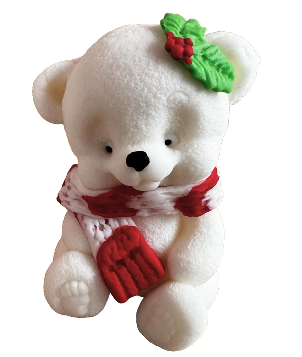 Edible decoration of sugar paste, teddy bear with white-red scarf and leaf