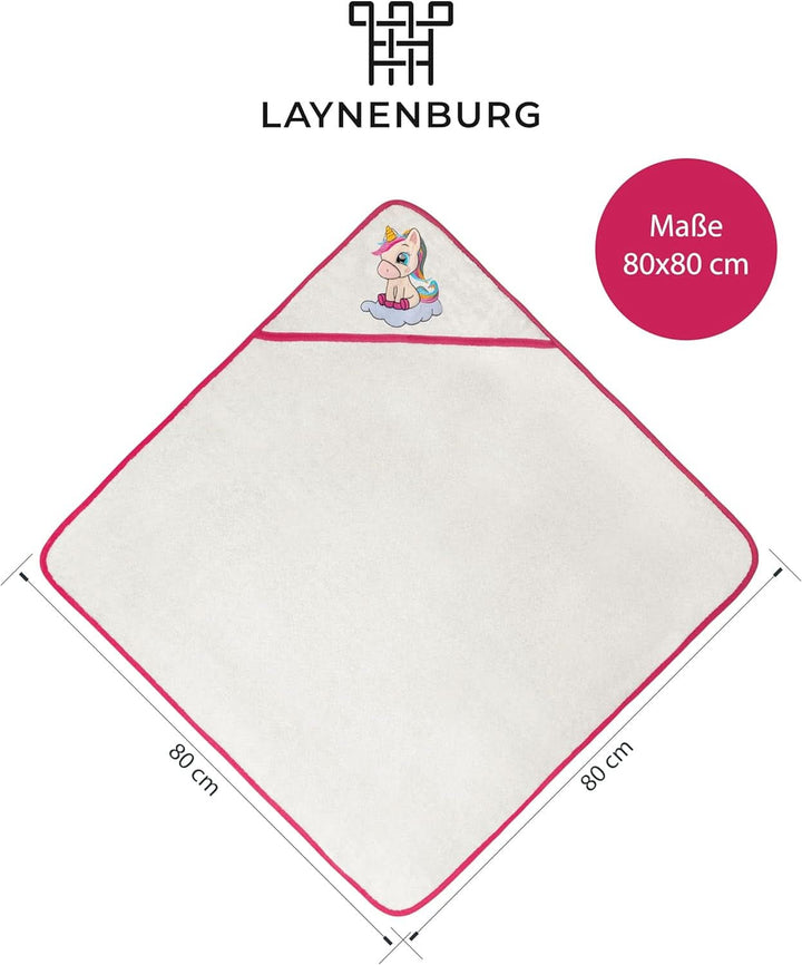 LAYNENBURG Premium Kapuzenhandtuch Baby - Badehandtuch Aus 100% Baumwolle - Oeko TEX - Handtuch Mit Kapuze Für Neugeborene & Kinder - Badetuch, Babyhandtuch Mädchen, Jungen (Einhorn 80 X 80Cm)