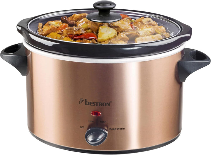 Bestron Slowcooker Für 4 Personen, Schongarer Mit Keramikpfanne & Glasdeckel, 3 Stufen-Thermostat, Ideal Für Viele Gerichte Wie Fleisch, Suppen & Gemüse, 3.5 Liter, Farbe: Silber