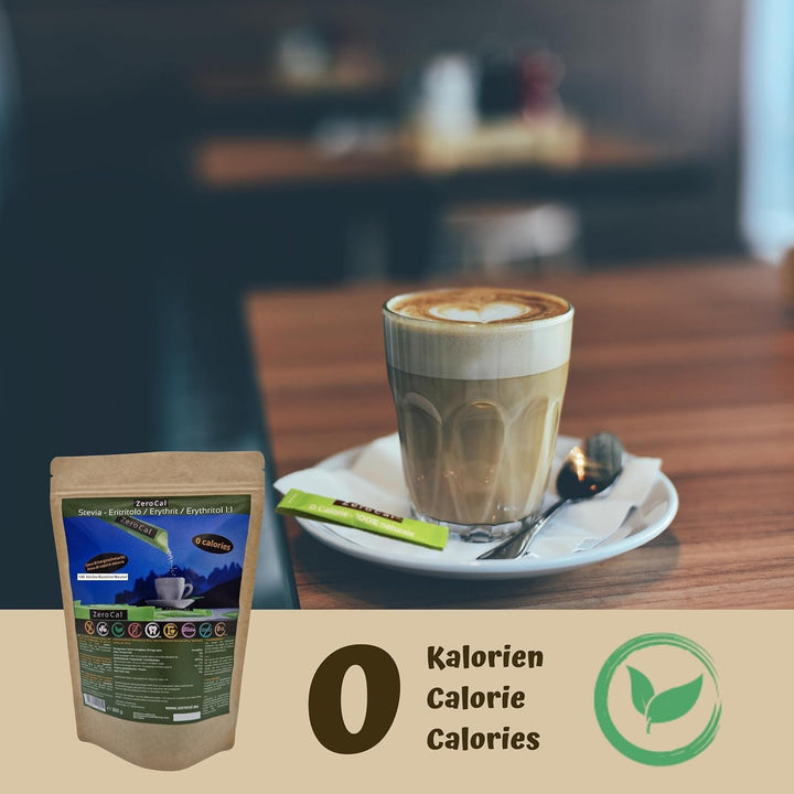 Zerocal - 1:1 (Erythrit + Stevia) 100 Sticks Je 3 G | Ideal Zum Süßen Von Kaffee, Tee Und Andere Getränke | Gleiche Süßkraft Von Zucker | Glutenfrei, Vegan, Gmo-Free | Kalorien Und GI = 0