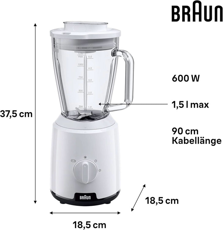 Braun Powerblend 1 JB1050WH - Standmixer Mit 1,5 L Glas-Mixaufsatz, Küchenhelfer Zum Zerkleinern, Pürieren & Mixen, Ice-Crush-Funktion, 2 Geschwindigkeiten, 600 Watt, Weiß