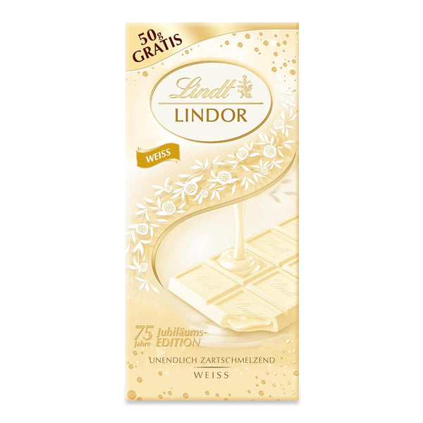 Lindt Schokolade LINDOR Weiß | 150G Tafel | Weiße Schokolade Mit Einer Unendlich Zartschmelzenden Füllung | Schokoladengeschenk | 75 Jahre