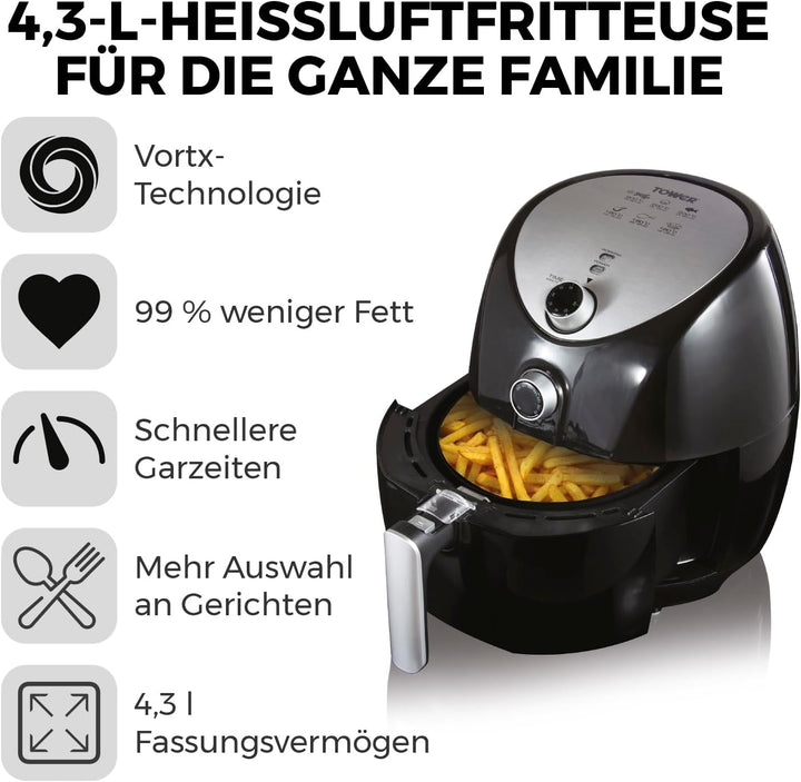 Tower T17021 Heißluftfritteuse Für Die Ganze Familie Mit Schneller Luftzirkulation - 60-Minuten-Timer - Airfryer 4,3L 1500W - Schwarz