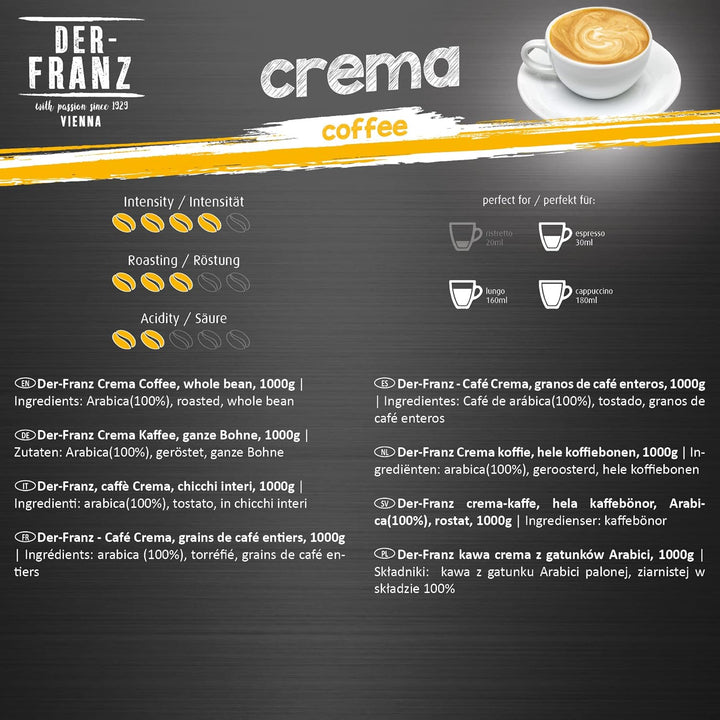 DER-FRANZ Kaffee Crema, Intensität 4/5, 100% Arabica, Ganze Kaffeebohnen, 4 X 1000 G