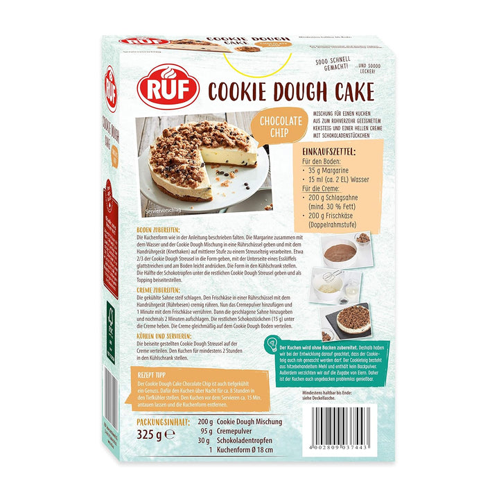 RUF Cookie Dough Cake Ohne Backen, Tortenboden Aus Keksteig Mit Frischkäse-Creme Und Schokoladenstückchen, Inkl. Kuchenform, 1X325G