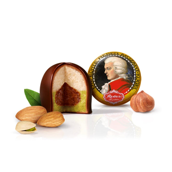 Reber Mozart-Kugeln, 45Er Aufstellkarton, Mozart-Kugeln Aus Zartbitter-Schokolade, Gefüllt Mit Pistazien-Marzipan, Mandeln Und Haselnuss-Nougat, 900G (45 Mozart-Kugeln)