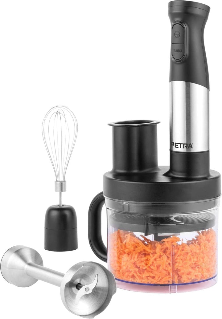 Petra PT2827BMBLKVDE 3-In-1 Mixer – Bpa-Freie Anbauteile, 500Ml-Schüssel, 700Ml-Becher, Schneebesen, Mixen, Zerkleinern, 2 Geschwindigkeiten, Edelstahlklingen, Für Babynahrung, Smoothies, Saucen, 350W