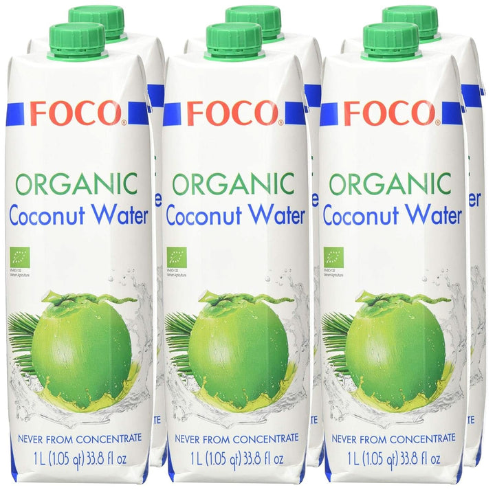 FOCO Apă de nucă de cocos organică, pură, răcoritoare, băutură sport, 100 % apă de nucă de cocos - 6 X 1 litru