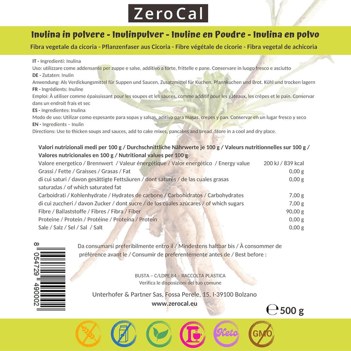 Zerocal - Inulin Pulver Aus Der Chicorée-Wurzel 500 G | Inulin Mit Hohem Ballaststoffgehalt |100% Vegan Und Glutenfrei |Herkunft Deutschland