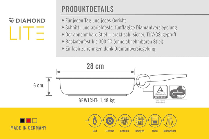 Woll Diamond Lite Viereckpfanne, 28X28 Cm, 6 Cm Hoch, Mit Abnehmbarem Stiel - Geeignet Für Ceran, Gas, Elektro, Halogen - Nicht Induktionsgeeignet, Aluminiumguss, Antihaft-Versiegelung, Backofenfest