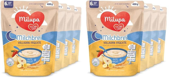 Milupa Milchbrei Vollkorn Früchte – Babybrei Ohne Palmöl – Frei Von Konservierungs- Und Farbstoffen – Ab Dem 6. Monat – 4 X 400 G (Packung Mit 2)