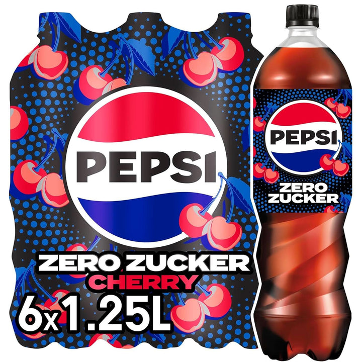 Pepsi Zero Sugar Cherry, Băutura răcoritoare fără zahăr, cola cofeinizată cu aromă de cireșe într-o sticlă, set 6 x 1,25 litri